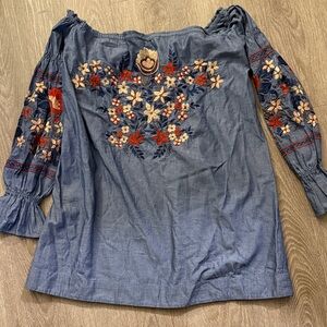 Free People Blue Floral Embroidered Top